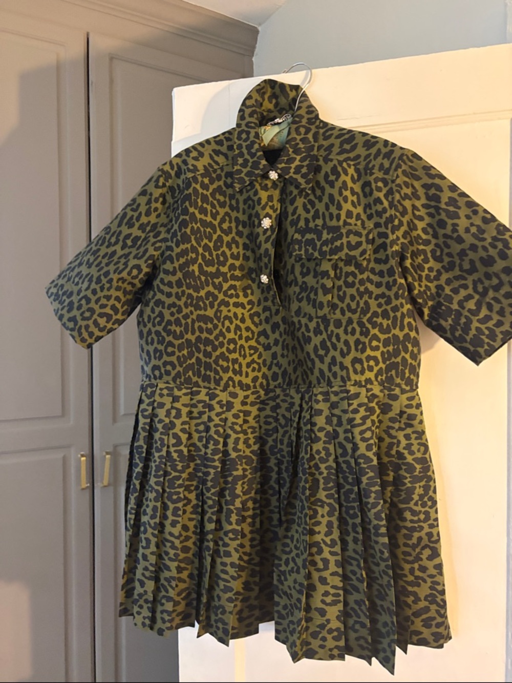 Ganni Olive Green and Black Leopard-Print Mini Dress
